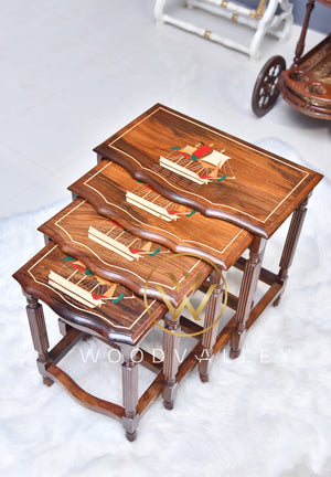 Nord Wooden Captain Ship Inlay Nesting Tables Set of 4
