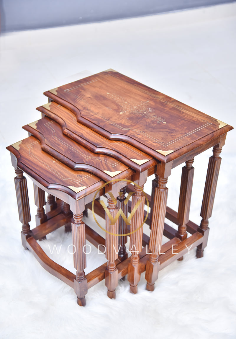 Sheesham Wood Brass Nesting Table Set of 4