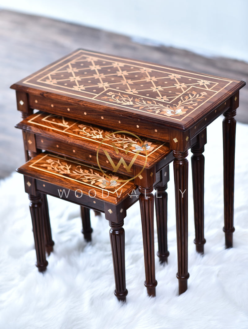 Wooden Petal Pearls Inlay Nesting Table Set Of 3