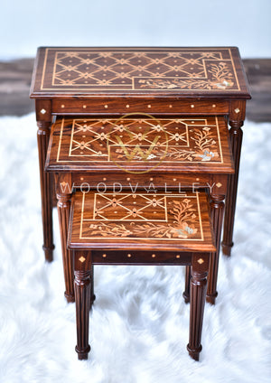 Wooden Petal Pearls Inlay Nesting Table Set Of 3