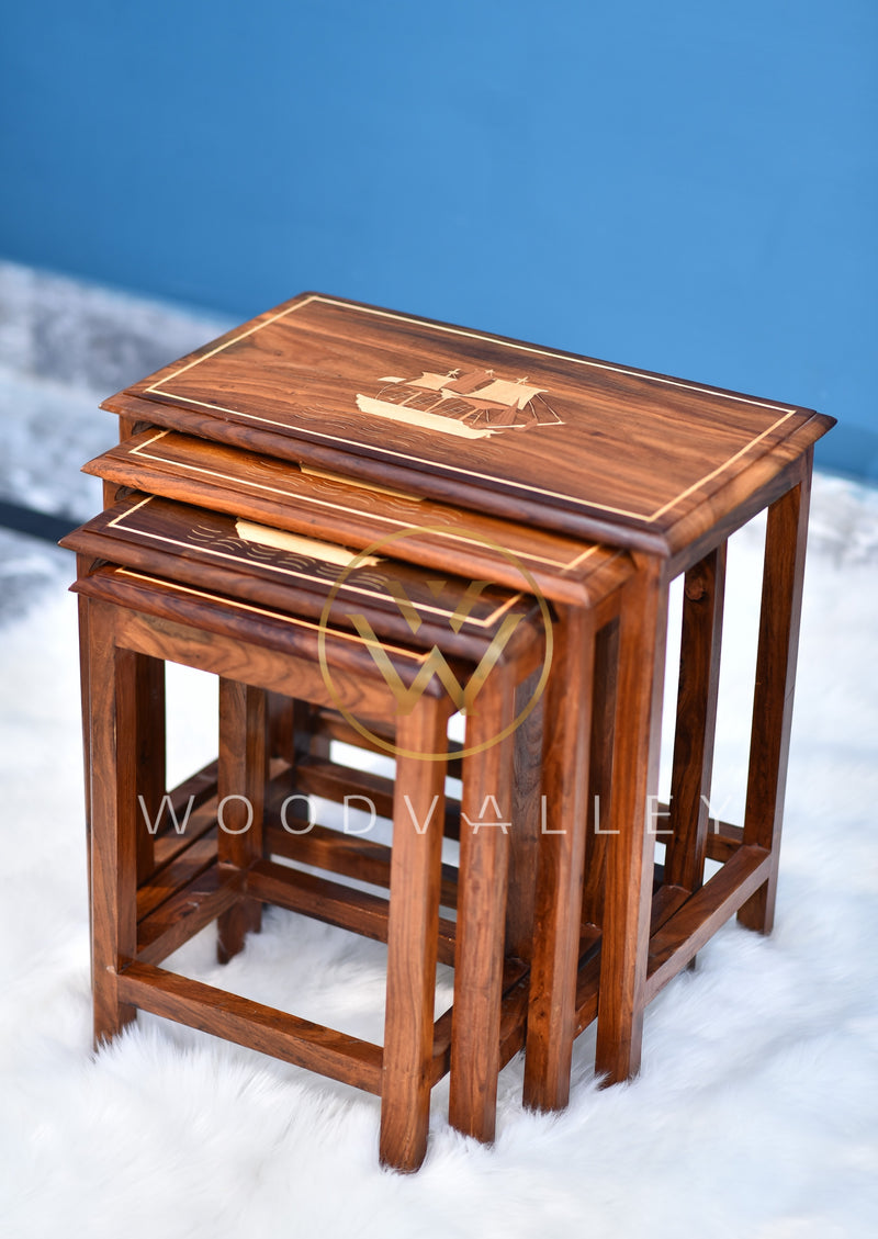 Wooden Captain Ship Inlay Nesting Table Set Of 4