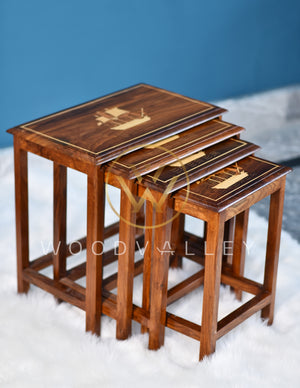 Wooden Captain Ship Inlay Nesting Table Set Of 4