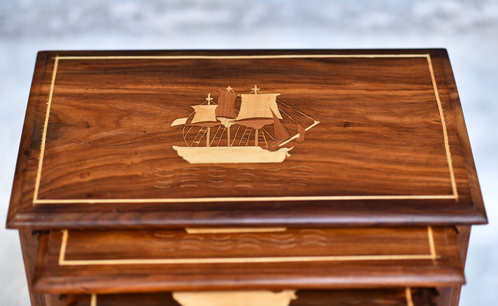 Wooden Captain Ship Inlay Nesting Table Set Of 4
