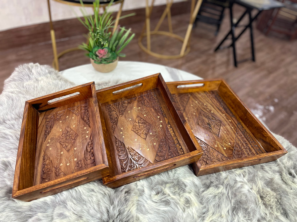 Brass Carved Tray Set-Wood Valley